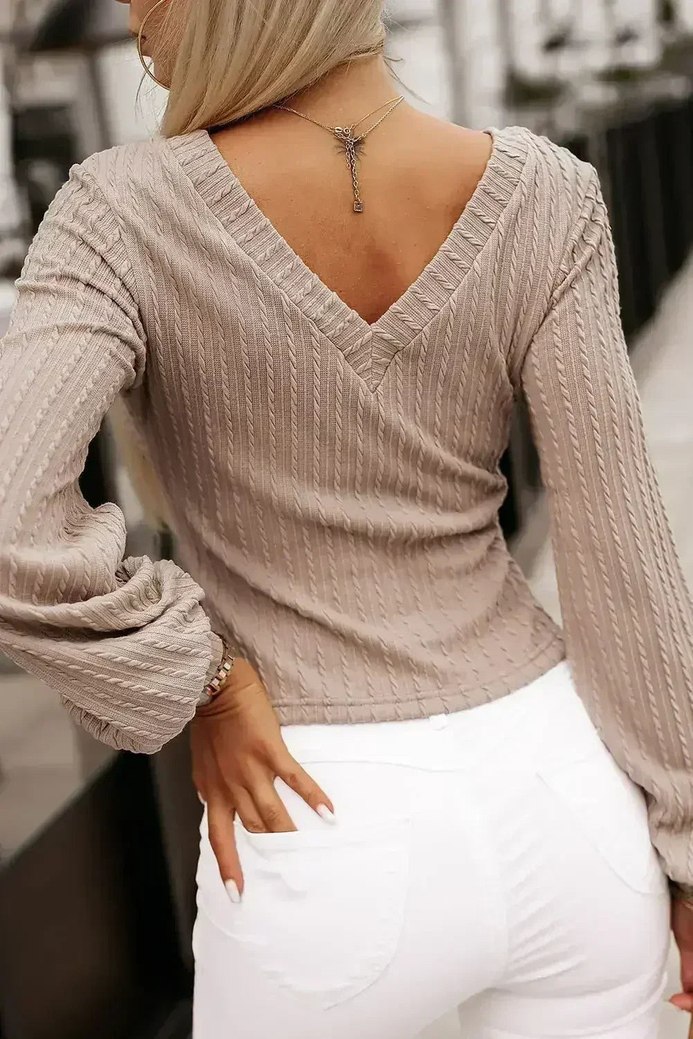 Knitted Jacquard V-Neck Top - Lantern Sleeve Blouse | Femstylo