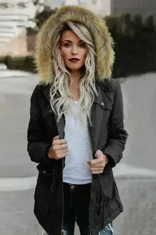 Zipper Snaps Pocket Plush Hooded Parka Jacket
