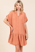 Linen Blend Button Down Shirt Mini Dress For Women – Casual, Classic Button-Down Design with Raw Hem and Tiered Detail