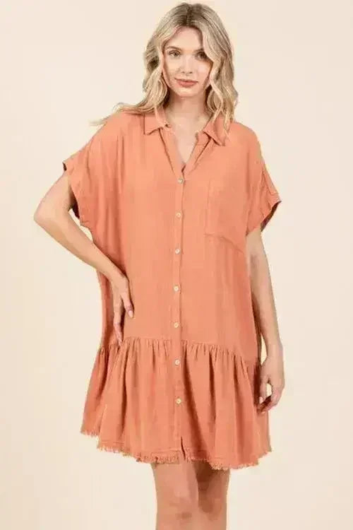 Ginger Linen Blend Button Down Shirt Mini Dress – Stylish - Femstylo