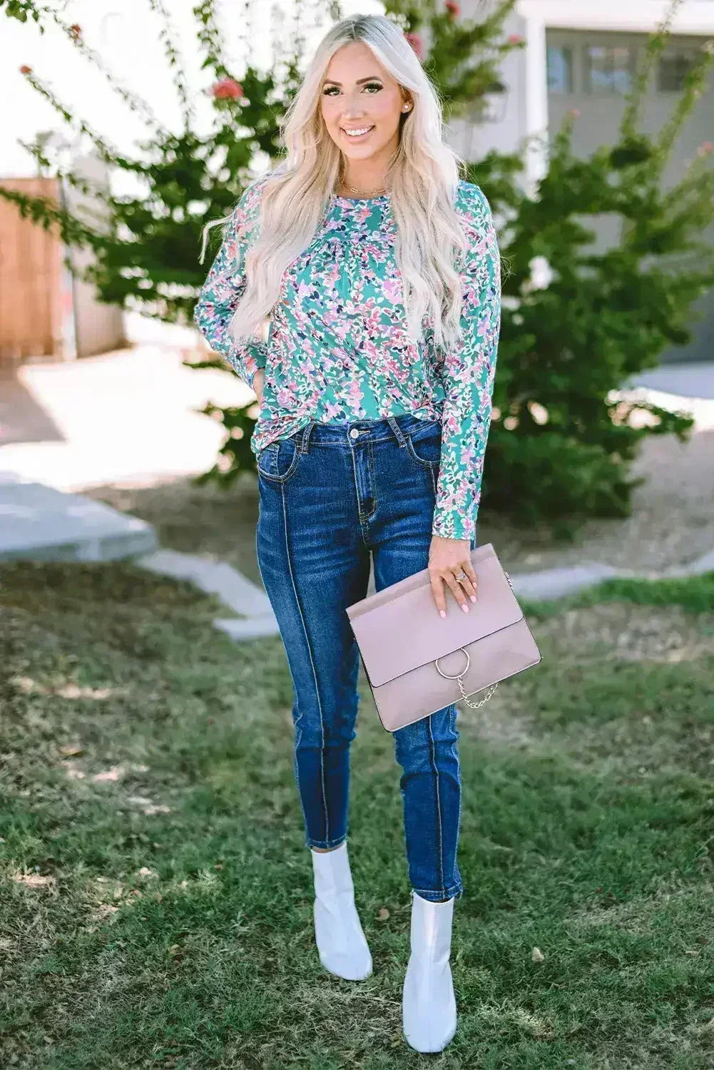 Green Floral Pleated Blouse - Relaxed Long Sleeve Top | Femstylo