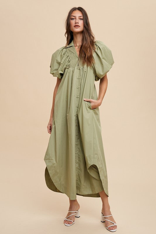 Smocked Puff Sleeve Midi Dress – Feminine Smocked Detailing, Puff Sleeves, and Midi Length for a Trendy and Elegant Look