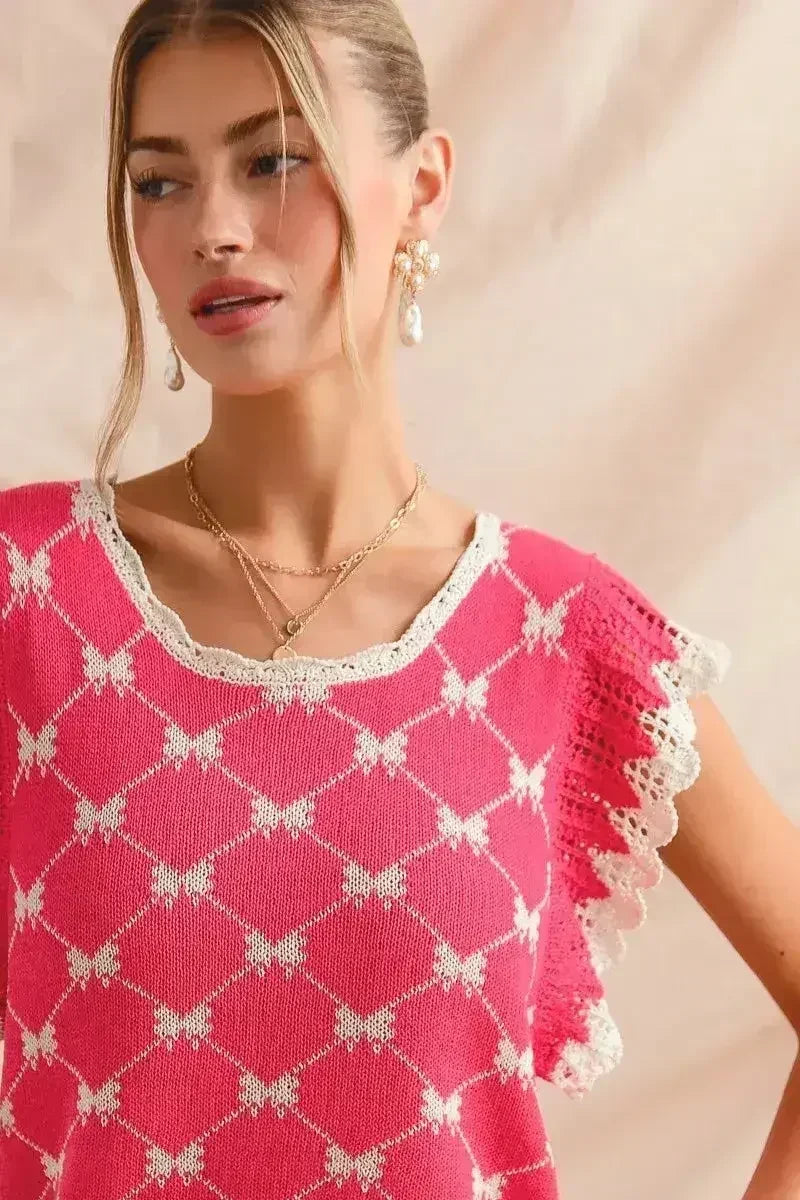 SO ME Bow Ribbon Pattern Sweater Top with Back Key Hole