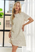 Applique Round Neck Short Sleeve Shift Dress – Timeless & Elegant Round Neck Shift Dress with Sophisticated Applique Detailing for Versatile Day-to-Night Wear