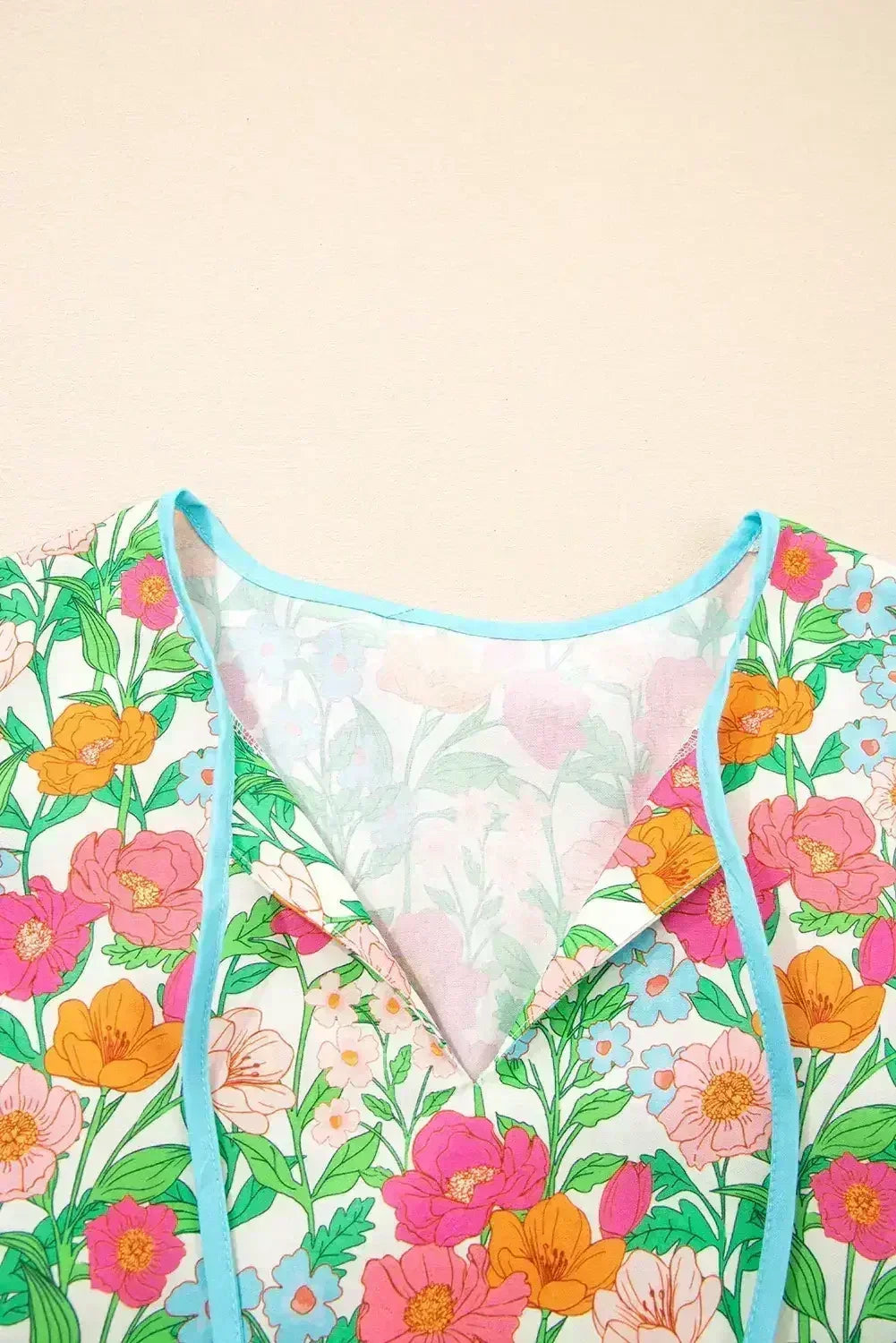 Green Floral Print Striped Trim Puff Sleeve Babydoll Blouse