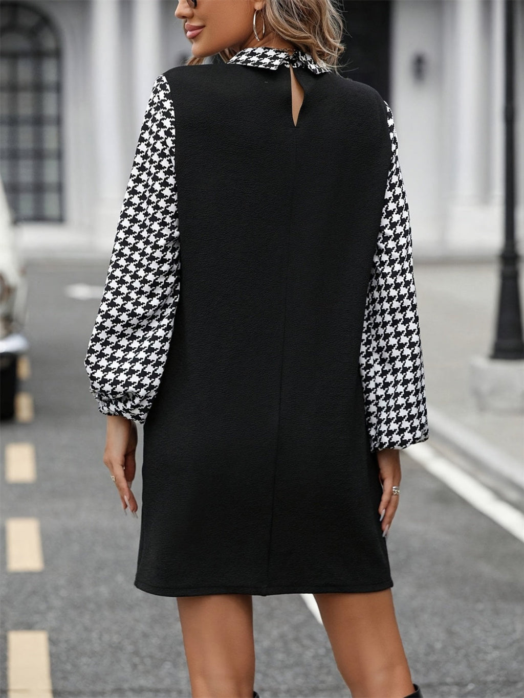 Timeless Black Collared Neck Long Sleeve Mini Dress Vintage Design Classic Women Dress