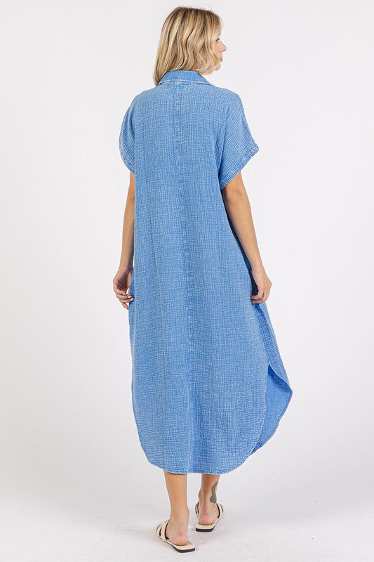 Mineral Wash V-Neck Button-Up Midi Shirt Dress – Trendy, Casual, Lived-In Look with Classic Button Details for Effortless Style