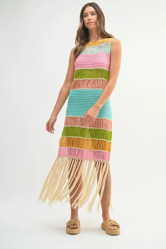Multi Color Fringed Crochet Knit Dress For Women – Crochet Knit Dress, Fringed Dress, Multi-Color Dress, Bohemian Knit Dress, Festival Dress
