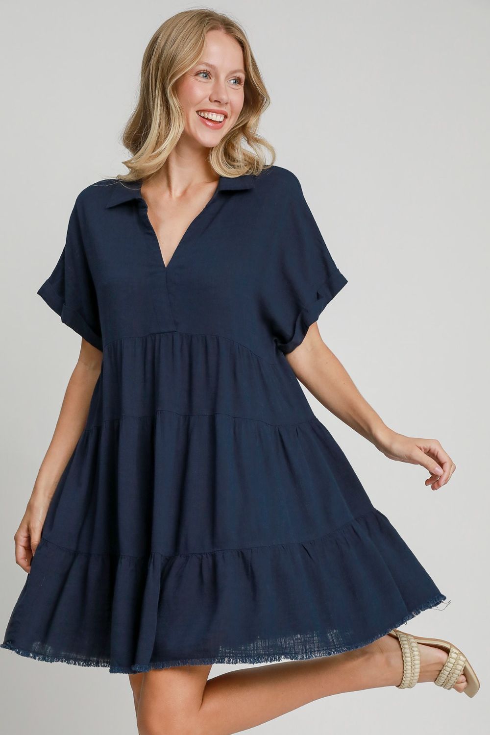 Women Dark Navy Full Size Raw Hem Folded Sleeve Dress Casual Plus Size Simple Dress