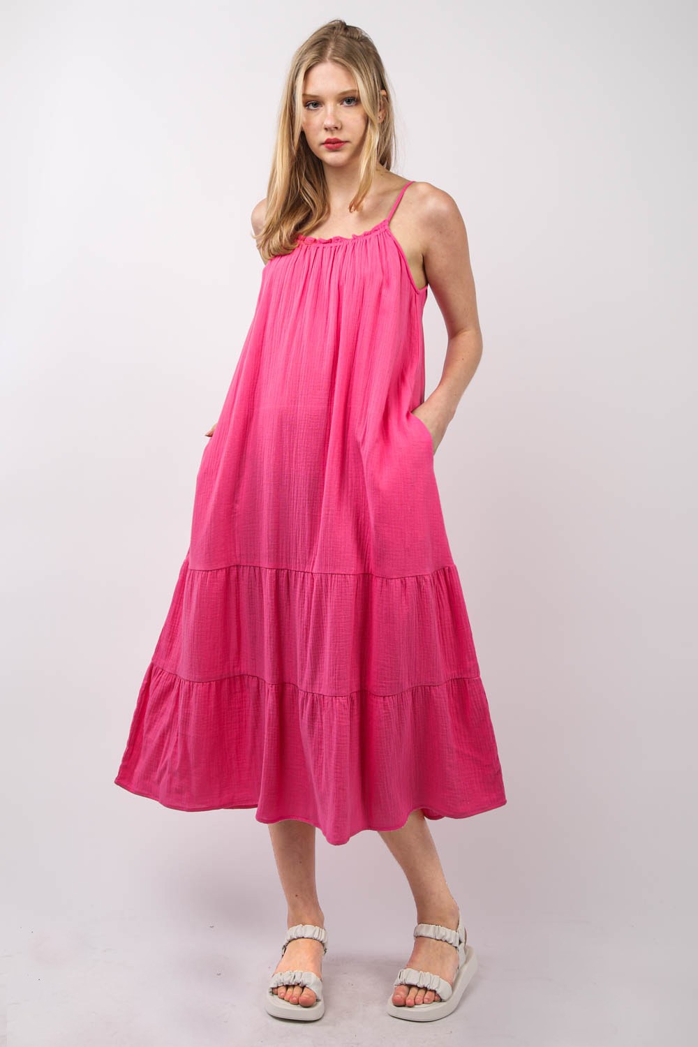 Ruffled A-Line Midi Cami Dress – Stylish Ruffled Midi Dress, A-Line Cami Dress, Comfy Cotton Dress, Feminine Summer Dress, Tiered Layered Dress, Breezy Ruffled Dress, Elegant Spring Dress