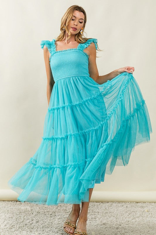 Frill Mesh Tiered Midi Dress For Women – Fluttering, Elegant, Romantic Frill Design with Mesh Details for a Feminine Silhouette