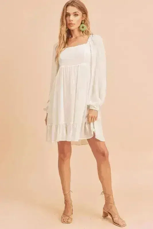 Ruffled Hem Square Neck Balloon Sleeve Mini Dress - Femstylo