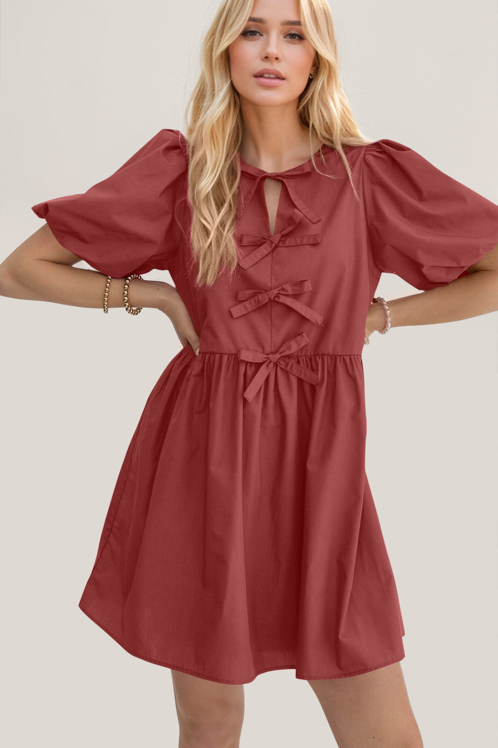 Elegant Ruched Puff Sleeve Mini Dress Vintage Bow Detail Cute Short Dress for Women