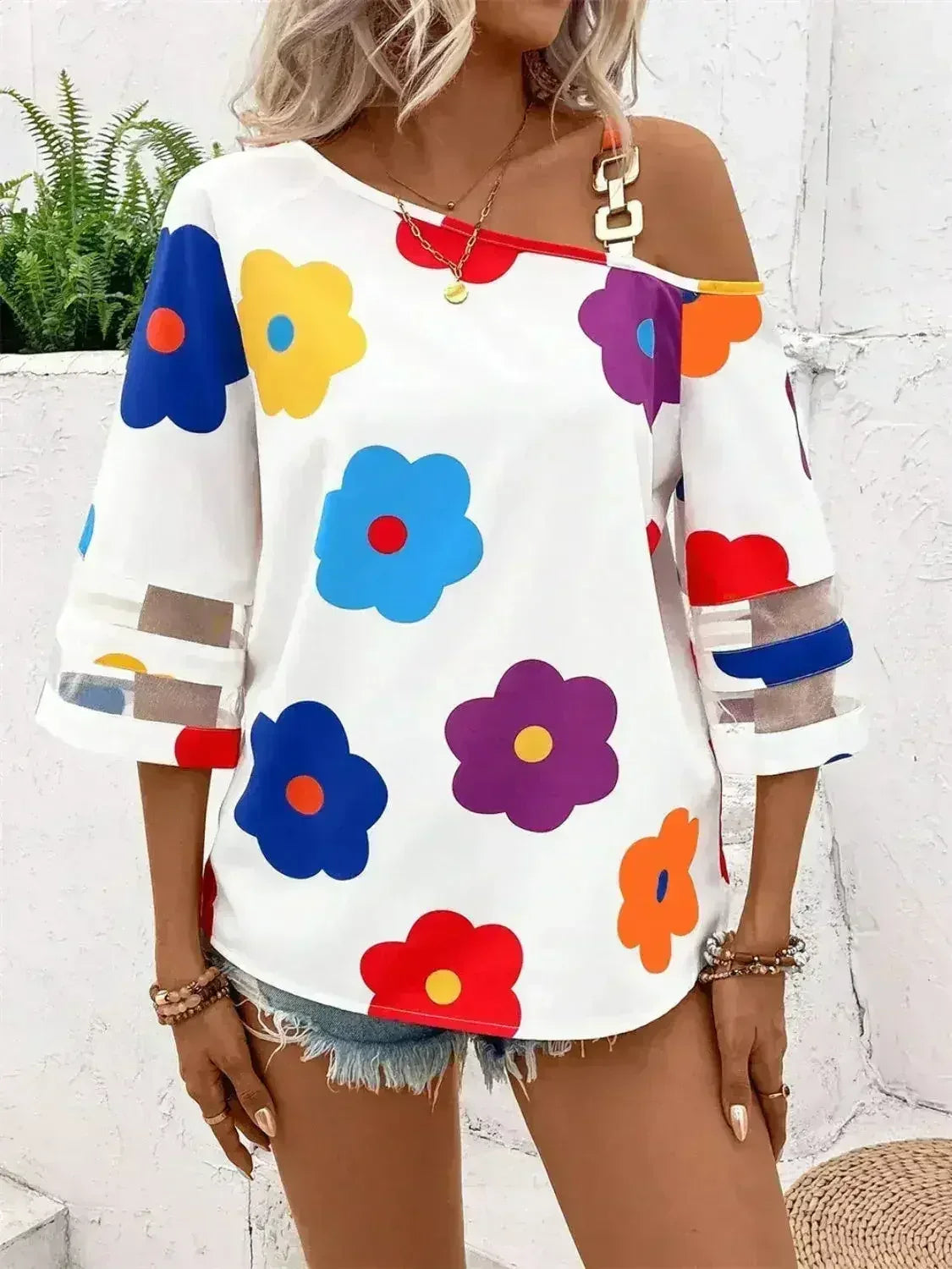 White Color Flower Asymmetrical Neck Blouse | Femstylo