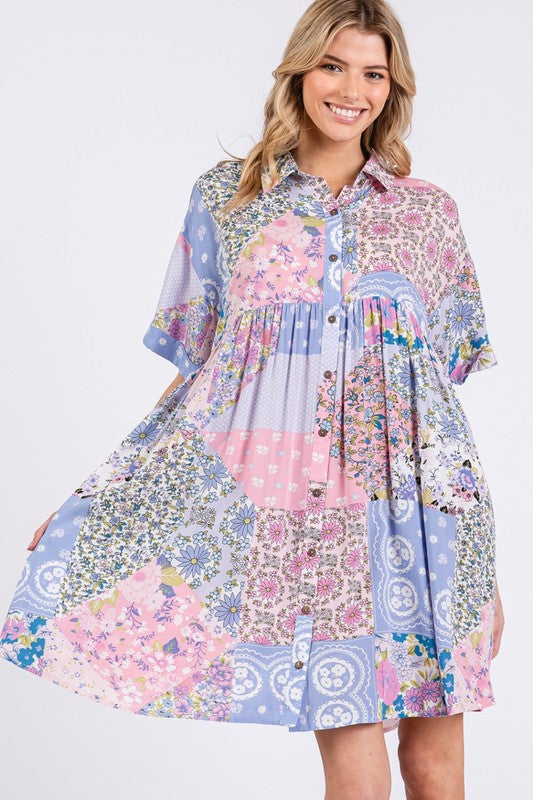 Pink Multicolor Floral Collared Neck Half Sleeve Mini Shirt Dress Feminine Floral Print Dress for Women