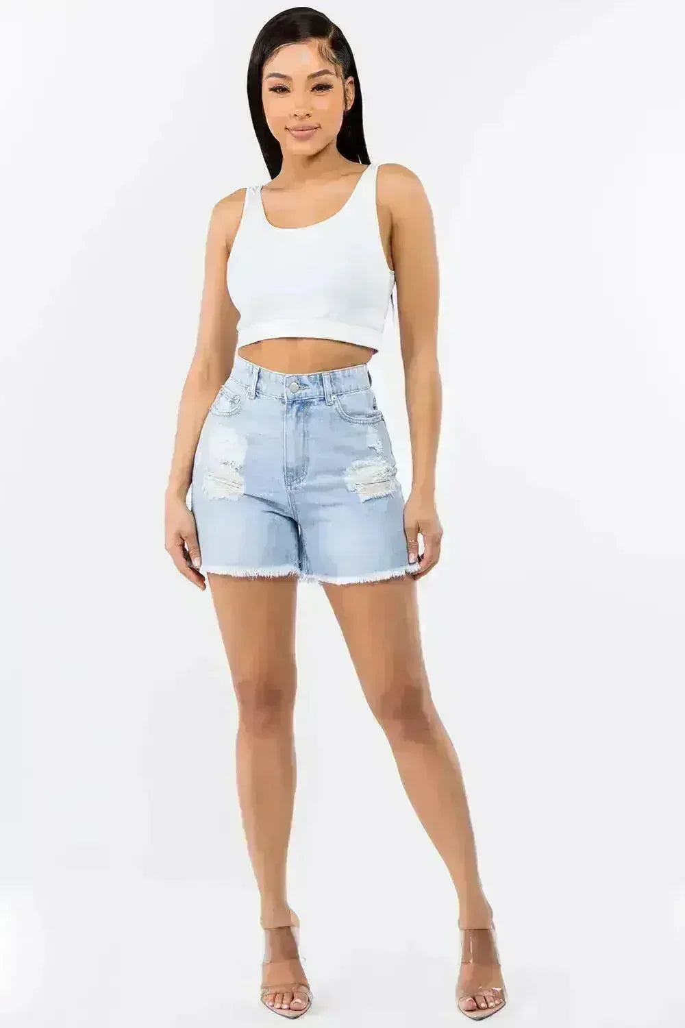 High Waist Distressed Denim Shorts - Raw Hem Style | Femstylo