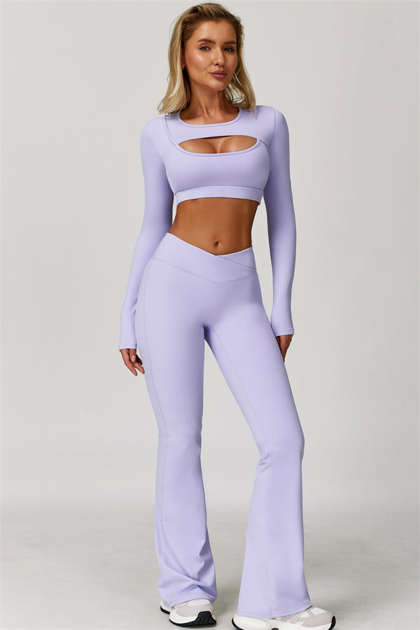 The Lavish Long Sleeve Cut-out Crop Top Flared Leggings 2-Piece Set