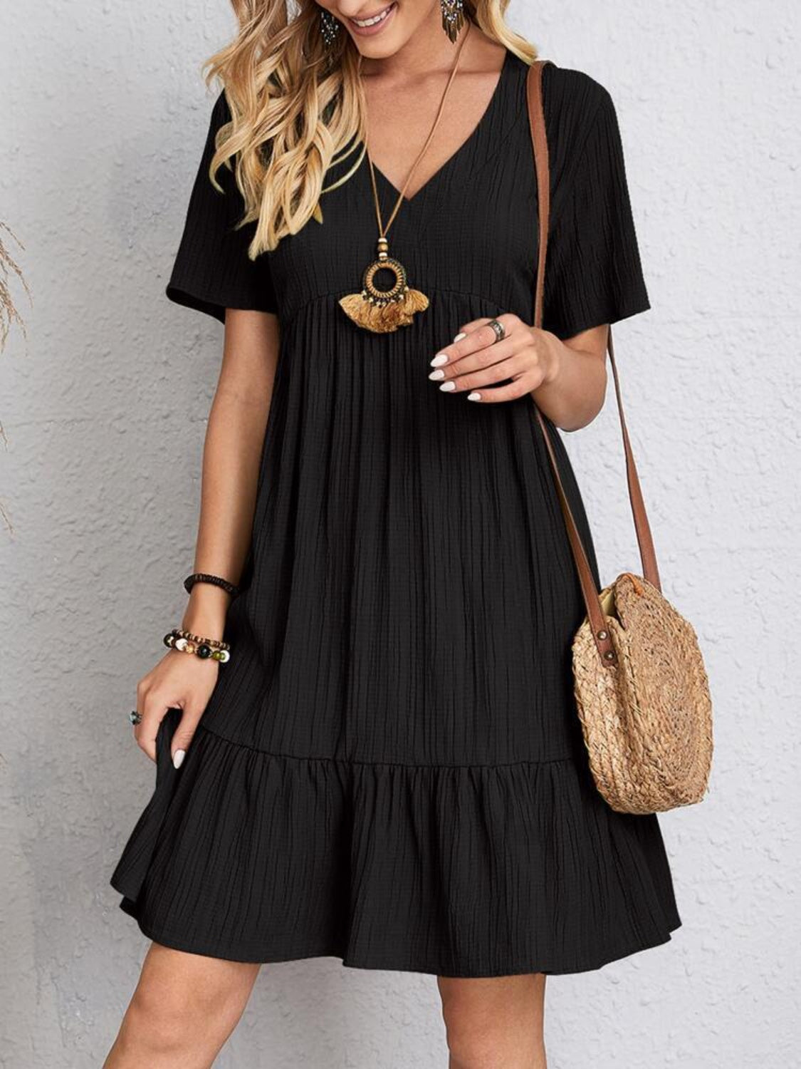 Classic Full Size V-Neck Short Sleeve Dress Casual & Comfortable Dress for Women