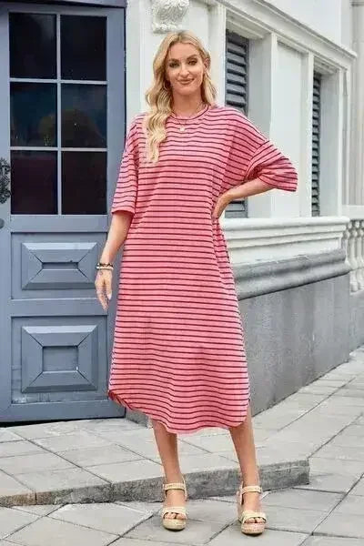 Lovelet Contrast Striped Half Sleeve Midi Tee Dress