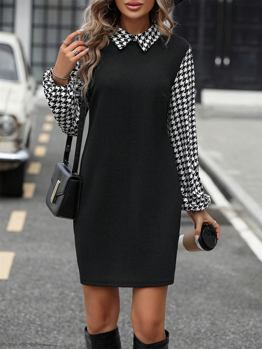 Timeless Black Collared Neck Long Sleeve Mini Dress Vintage Design Classic Women Dress