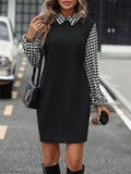 Timeless Black Collared Neck Long Sleeve Mini Dress Vintage Design Classic Women Dress
