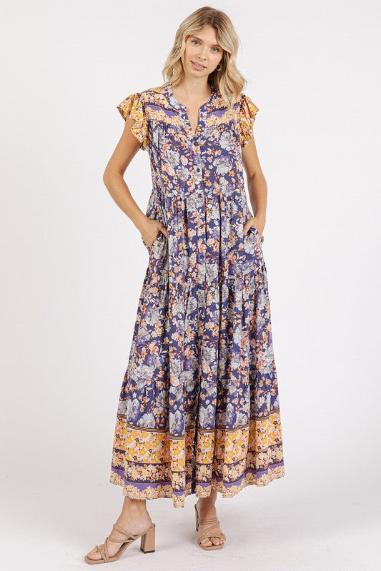 Floral Ruffled Notched Cap Sleeve Maxi Summer Dress For Women – Bohemian Chic Dress with Floral Print and Ruffled Details