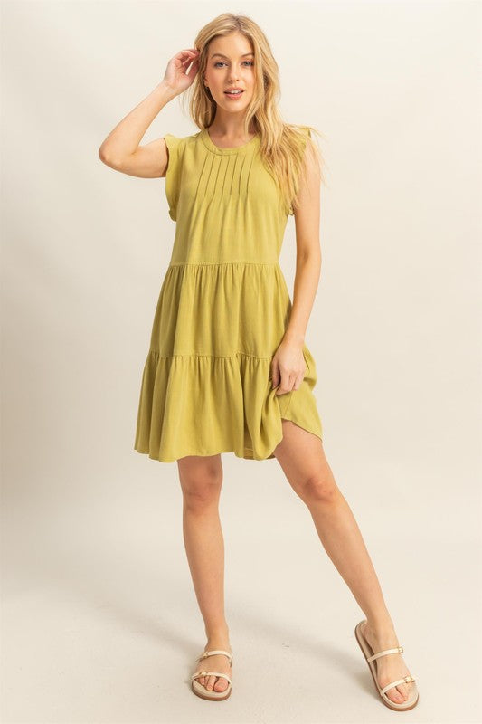 Round Neck Ruffle Sleeve Tiered Dress For Women – Feminine and Playful Tiered Dress with Ruffle Sleeves for Casual or Dressy Occasions