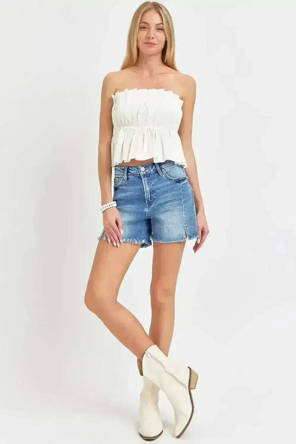 Front Slit Raw Hem Denim Shorts - High Waist Edgy Style | Femstylo