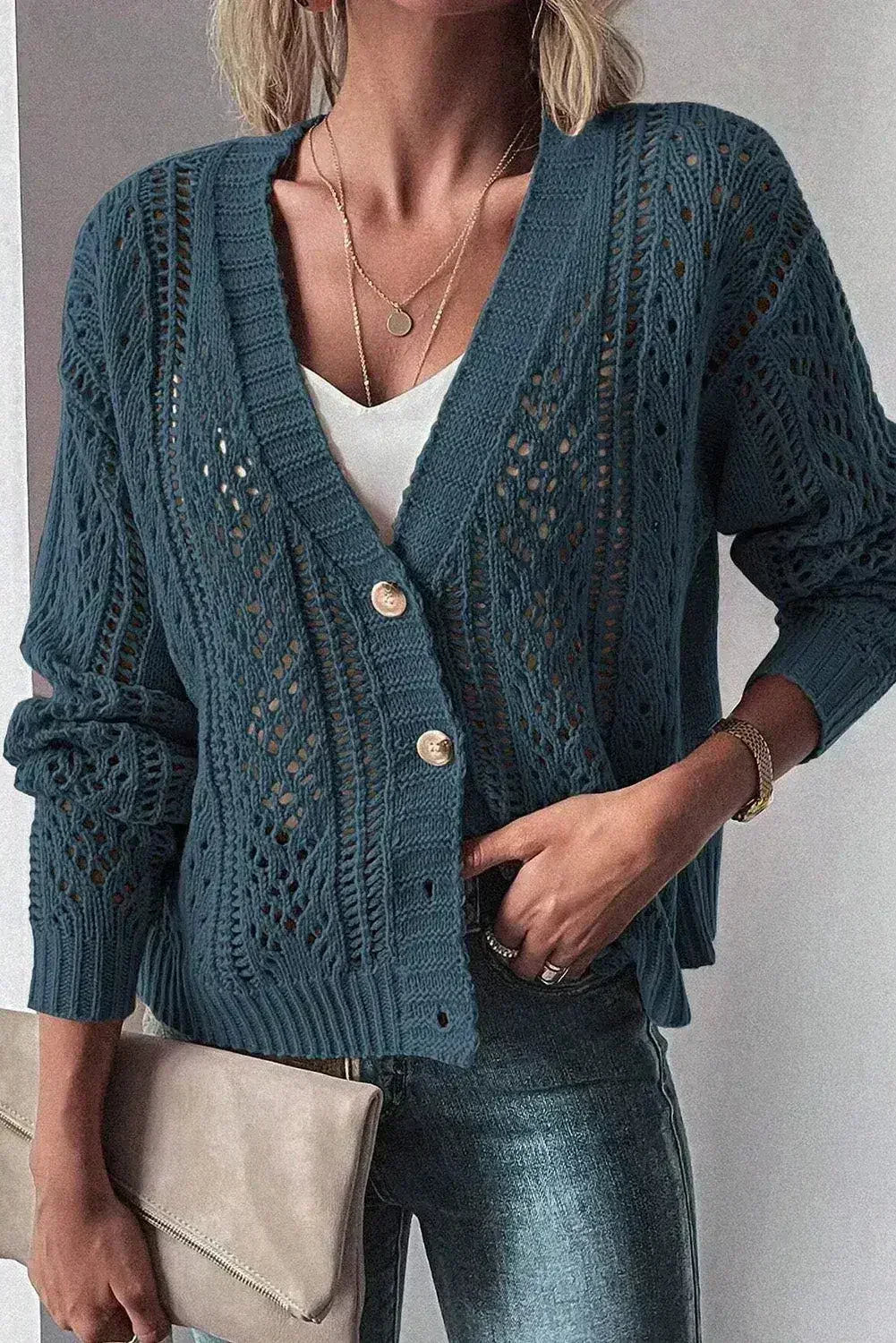 Dark Khaki Cardigan – Open Knit Drop Shoulder Sweater | Cotton-Acrylic Blend