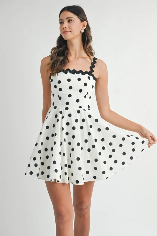 Polka Dot Mini Dress with Ricrac Trim Strap – Fun Polka Dot Pattern, Fluttering, Unique Ricrac Trim Strap, Playful and Stylish Mini Dress, Versatile Summer Dress