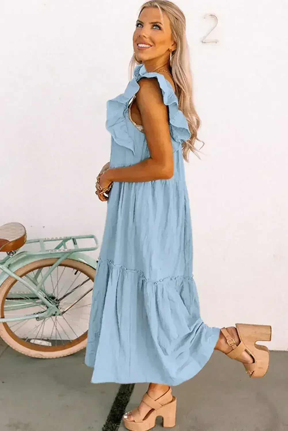 Purple Ruffled Flutter Sleeve Square Neck Textured Tiered Maxi Dress