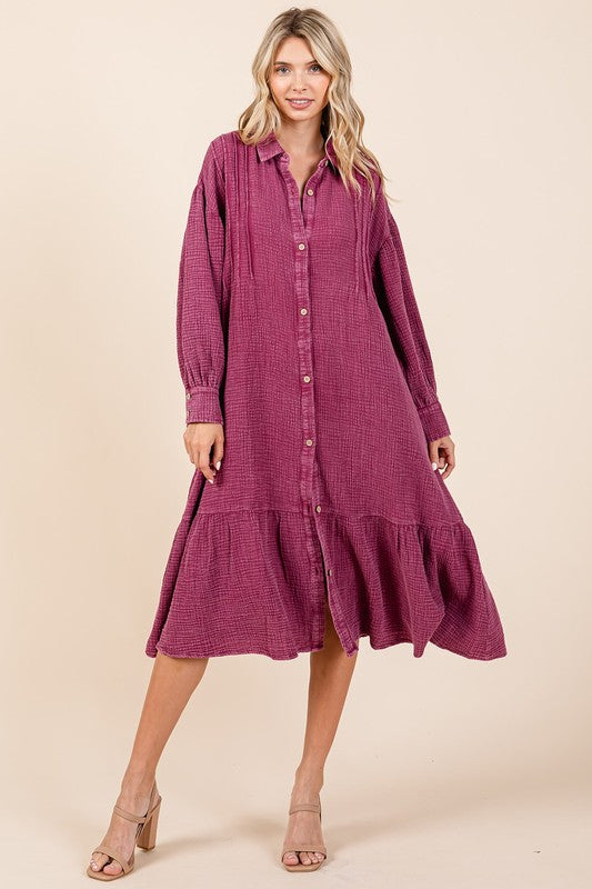 Mineral Wash Cotton Gauze Ruffle Midi Shirt Dress For Women – Casual and Feminine Button-Down Dress with Ruffle Details