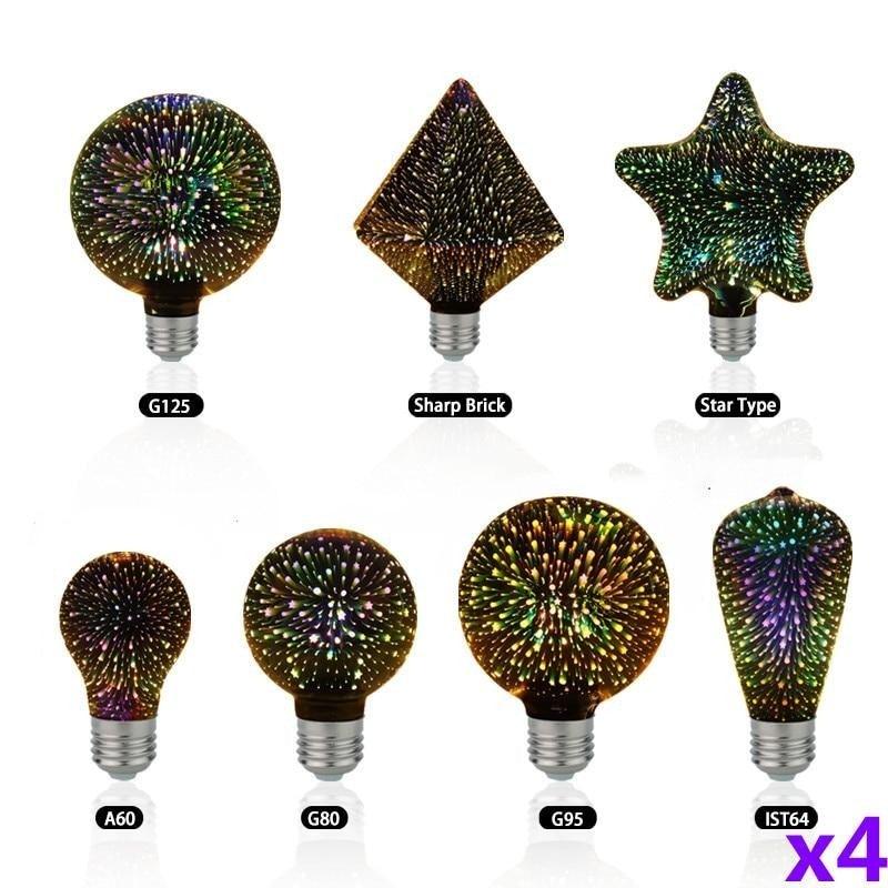 4pcs/lot 3D Led Bulb Star Firework Vintage Edison Night Light Holiday Decoration Lighting Stained Glass Light Bulb Star Shine Decoration Use For Holiday Christmas Decoration