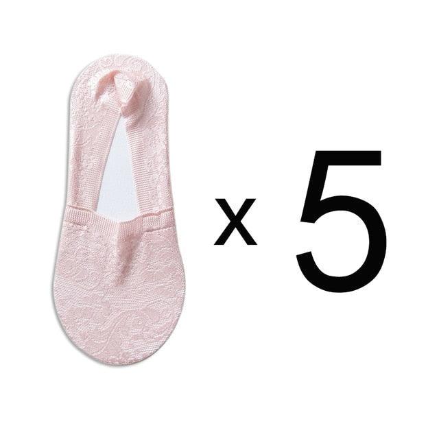 5 Pairs Fashion Women Girls Summer Socks 7 Color Style Lace Flower Short Sock Antiskid Invisible Ankle Socks For Women