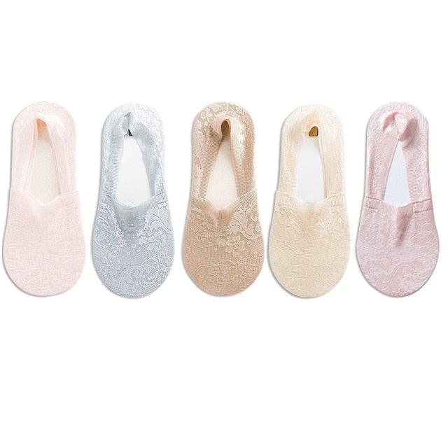 5 Pairs Fashion Women Girls Summer Socks 7 Color Style Lace Flower Short Sock Antiskid Invisible Ankle Socks For Women