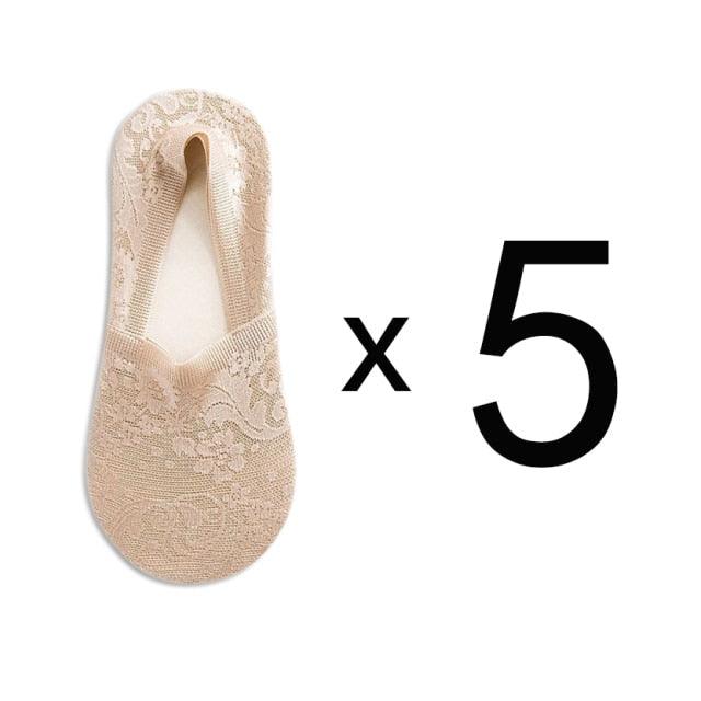 5 Pairs Fashion Women Girls Summer Socks 7 Color Style Lace Flower Short Sock Antiskid Invisible Ankle Socks For Women