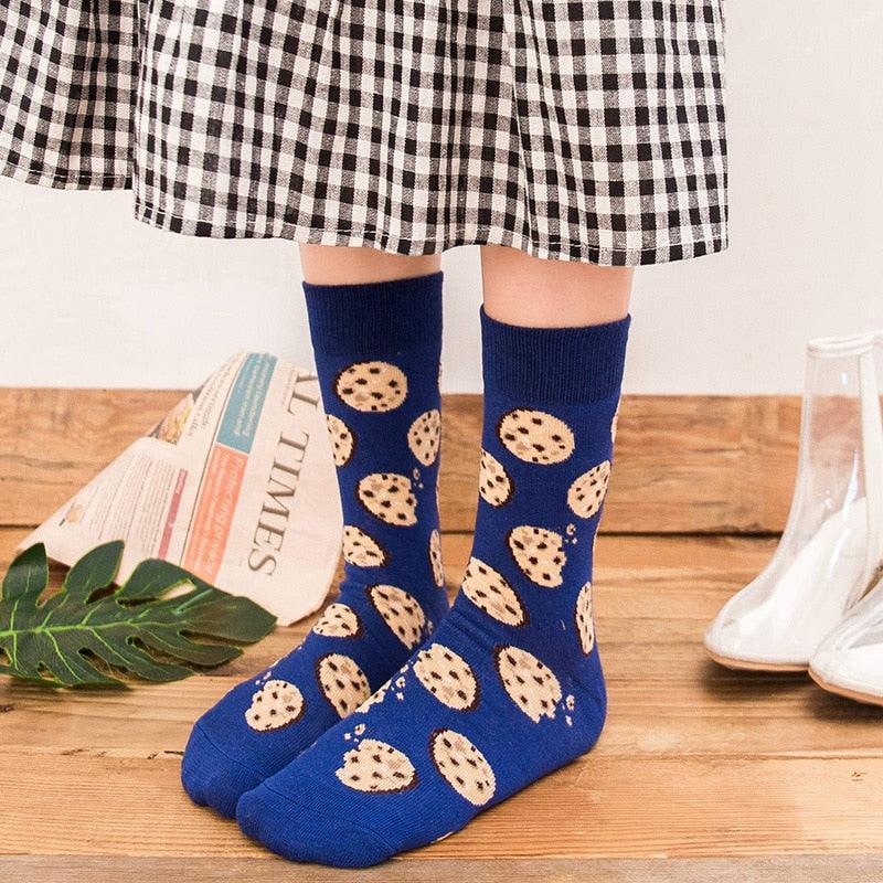 Women's Colorful Cotton Socks Fruits Banana Avocado Lemon Egg Cookie Donuts Food Happy Color Socks