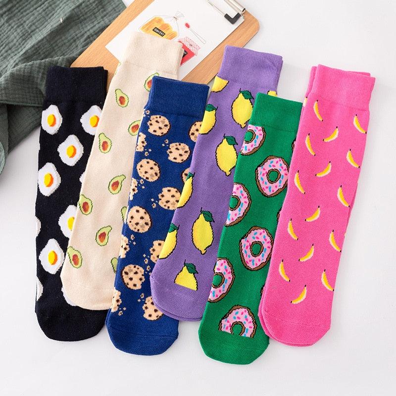 Women's Colorful Cotton Socks Fruits Banana Avocado Lemon Egg Cookie Donuts Food Happy Color Socks