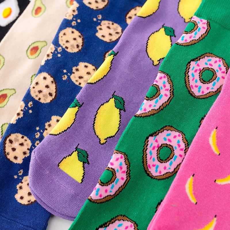 Women's Colorful Cotton Socks Fruits Banana Avocado Lemon Egg Cookie Donuts Food Happy Color Socks
