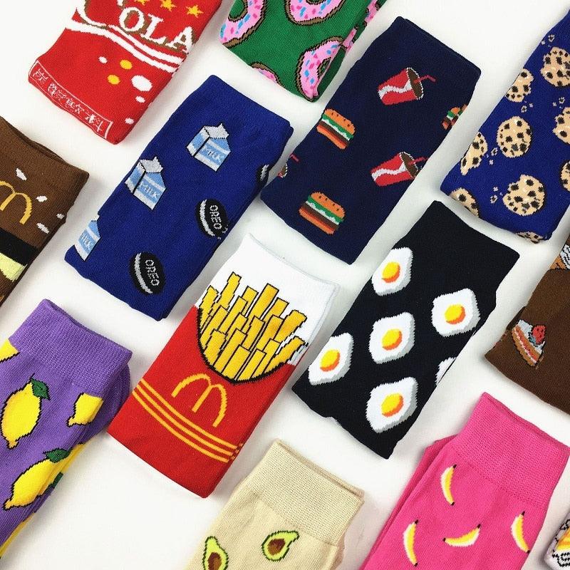 Women's Colorful Cotton Socks Fruits Banana Avocado Lemon Egg Cookie Donuts Food Happy Color Socks