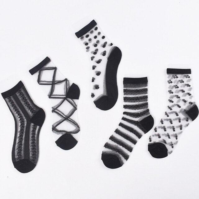 5 Pairs Young Girl Funny Cute Fashion Colorful Candy Dot Red Lips Wave Socks Sweet Women Thin Summer Ankle Crystal Sheer Socks For Women
