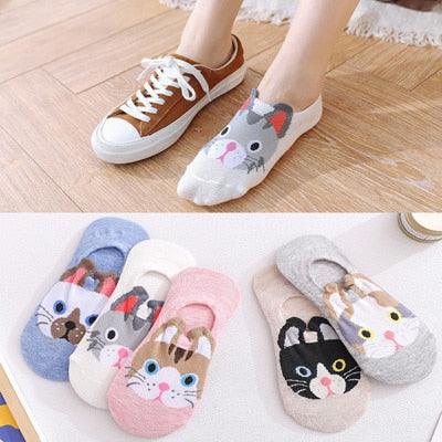 5 Pairs/Set Women's Cotton Happy Cute Cat Short Socks Print Cartoon Animal Casual Summer Socks Red Heart Funny Ankle Socks Pure Cotton Socks For Men And Women