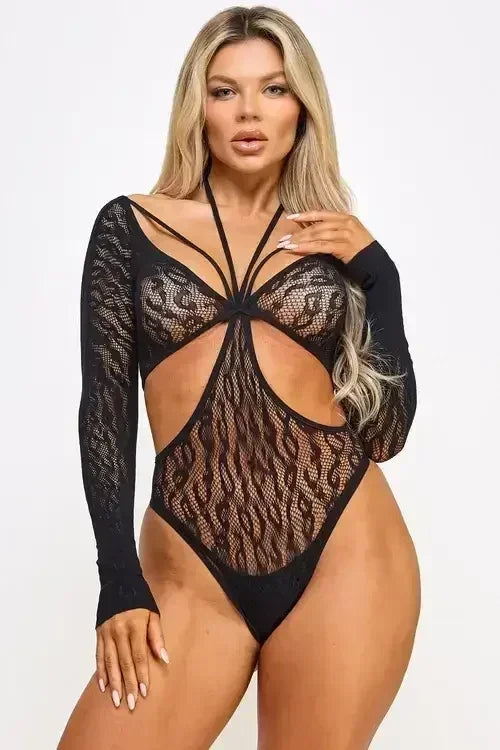 Leopard Mesh Bodysuit | Sheer Strappy V-Neck Bodysuit - Femstylo