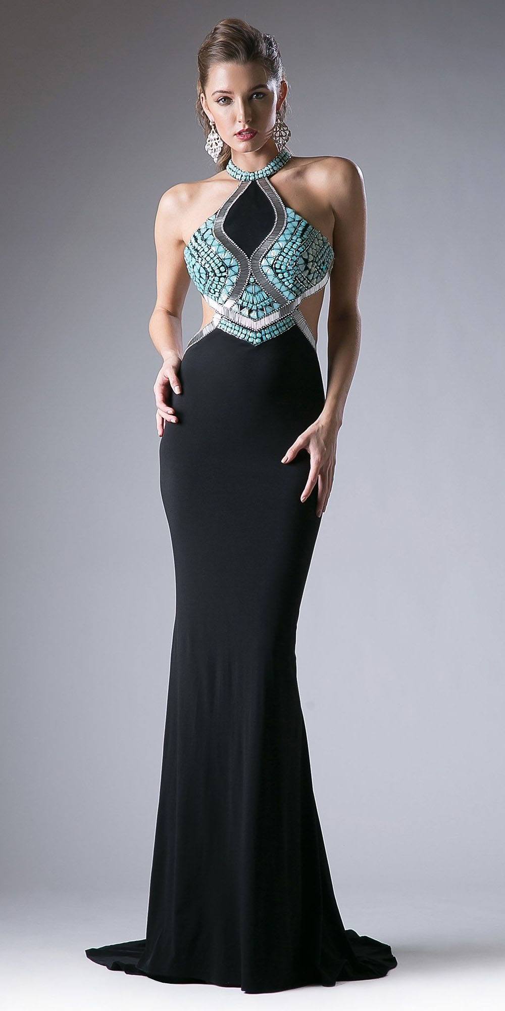 Cinderella Divine 5012 Halter Beaded Cut Out Bodice Long Dress Open Back