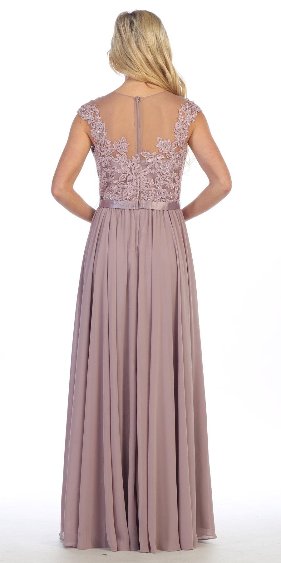 CLEARANCE - Floor Length A Line Mocha Evening Dress Cap Sleeve Chiffon (Size Large)