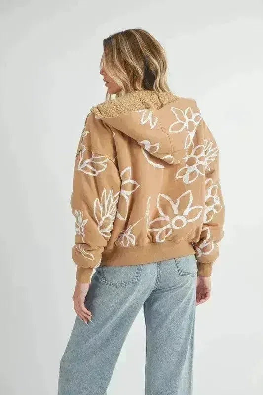 Floral Sherpa Hoodie - Zip-Up Fleece Jacket with Pockets