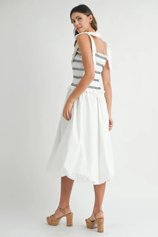 Smocked Bodice Bubble Midi Dress For Women – Stylish Smocked Bodice, Playful Bubble Skirt, Trendy Midi Dress, Chic Casual Look for Summer Outings