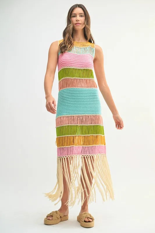Multi Color Fringed Crochet Knit Dress For Women – Crochet Knit Dress, Fringed Dress, Multi-Color Dress, Bohemian Knit Dress, Festival Dress