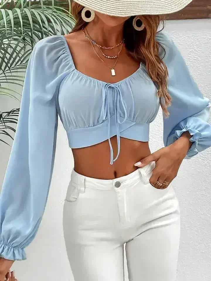 Light Blue Honey Raglan Sleeve Cropped Blouse | Femstylo