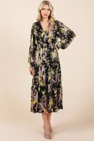 Floral Lurex Stripe Midi Dress – Smocked Waist & Satin Shine | Femstylo